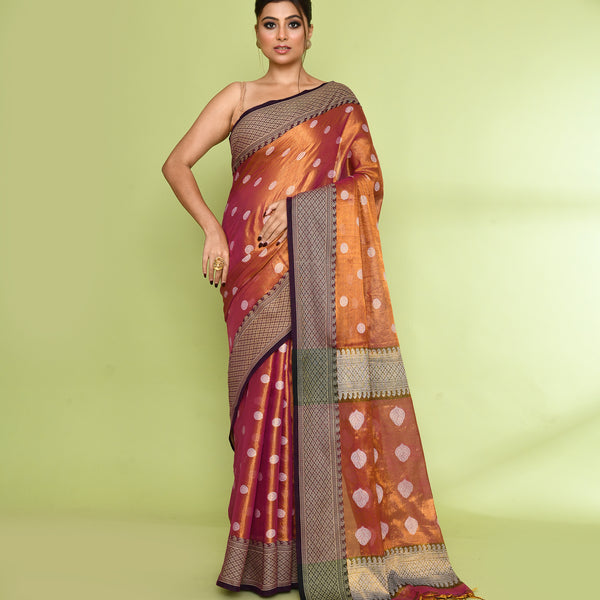 Piyari Fashion Women's Gold Magenta Zari Cotton Tissue Jamdani Saree - Distacart