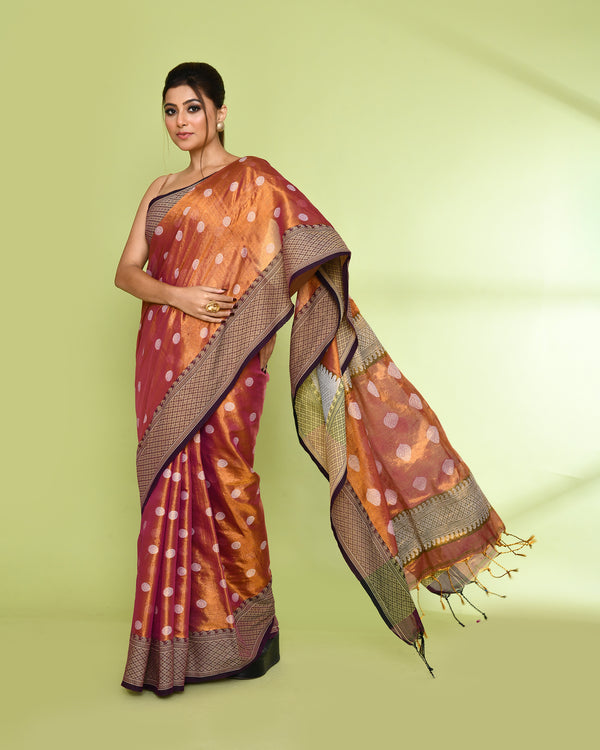 Piyari Fashion Women's Gold Magenta Zari Cotton Tissue Jamdani Saree