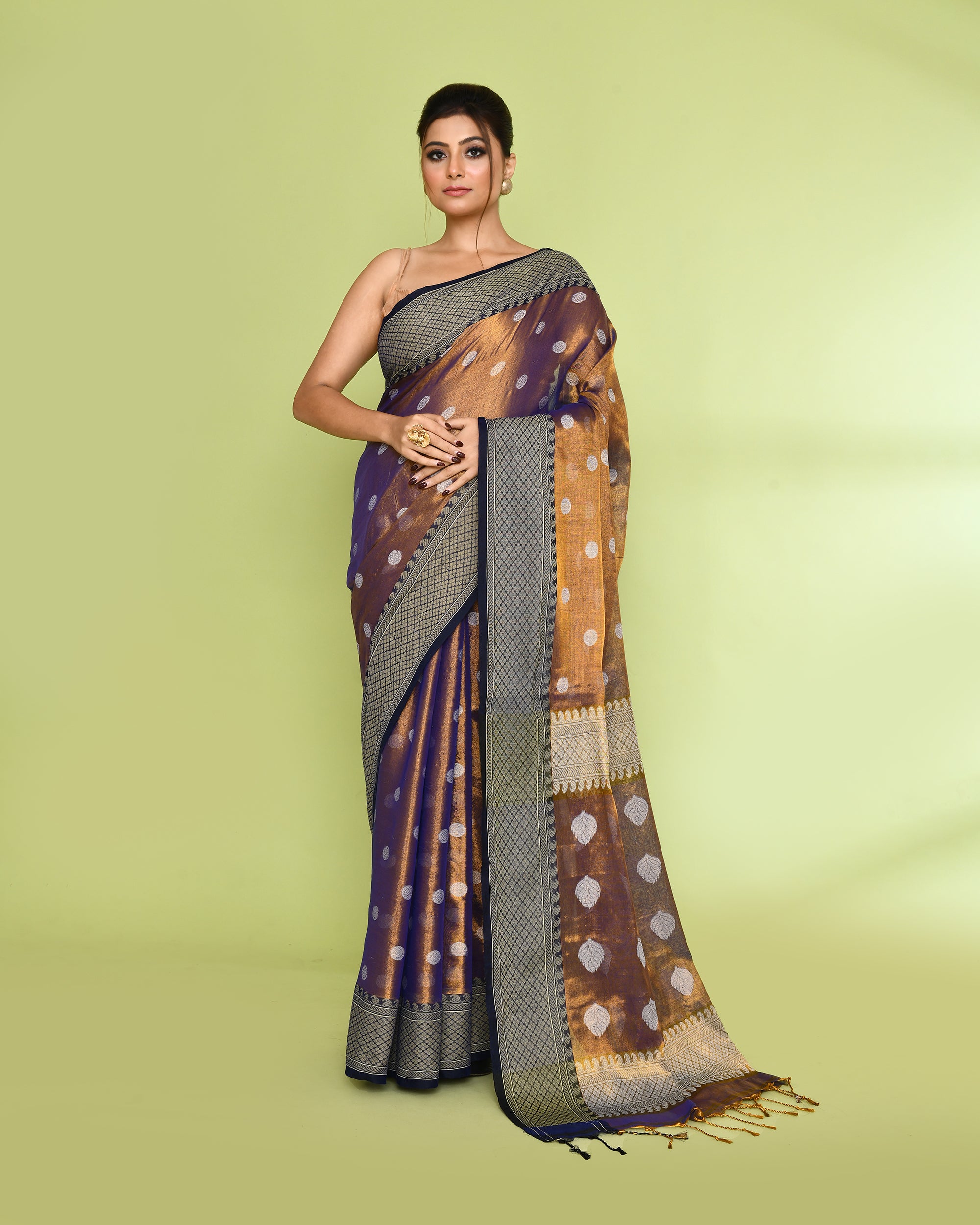 Piyari Fashion Women's Gold Blue Zari Cotton Tissue Jamdani Saree