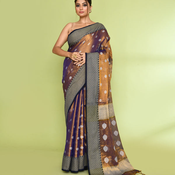 Piyari Fashion Women's Gold Blue Zari Cotton Tissue Jamdani Saree - Distacart