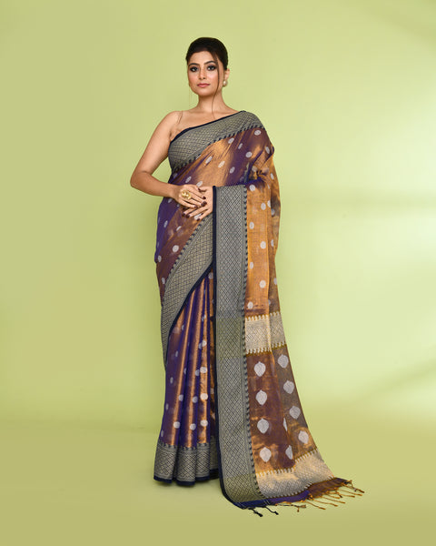 Piyari Fashion Women's Gold Blue Zari Cotton Tissue Jamdani Saree