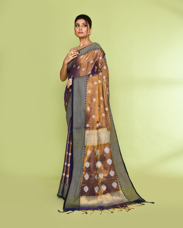 Piyari Fashion Women's Gold Blue Zari Cotton Tissue Jamdani Saree