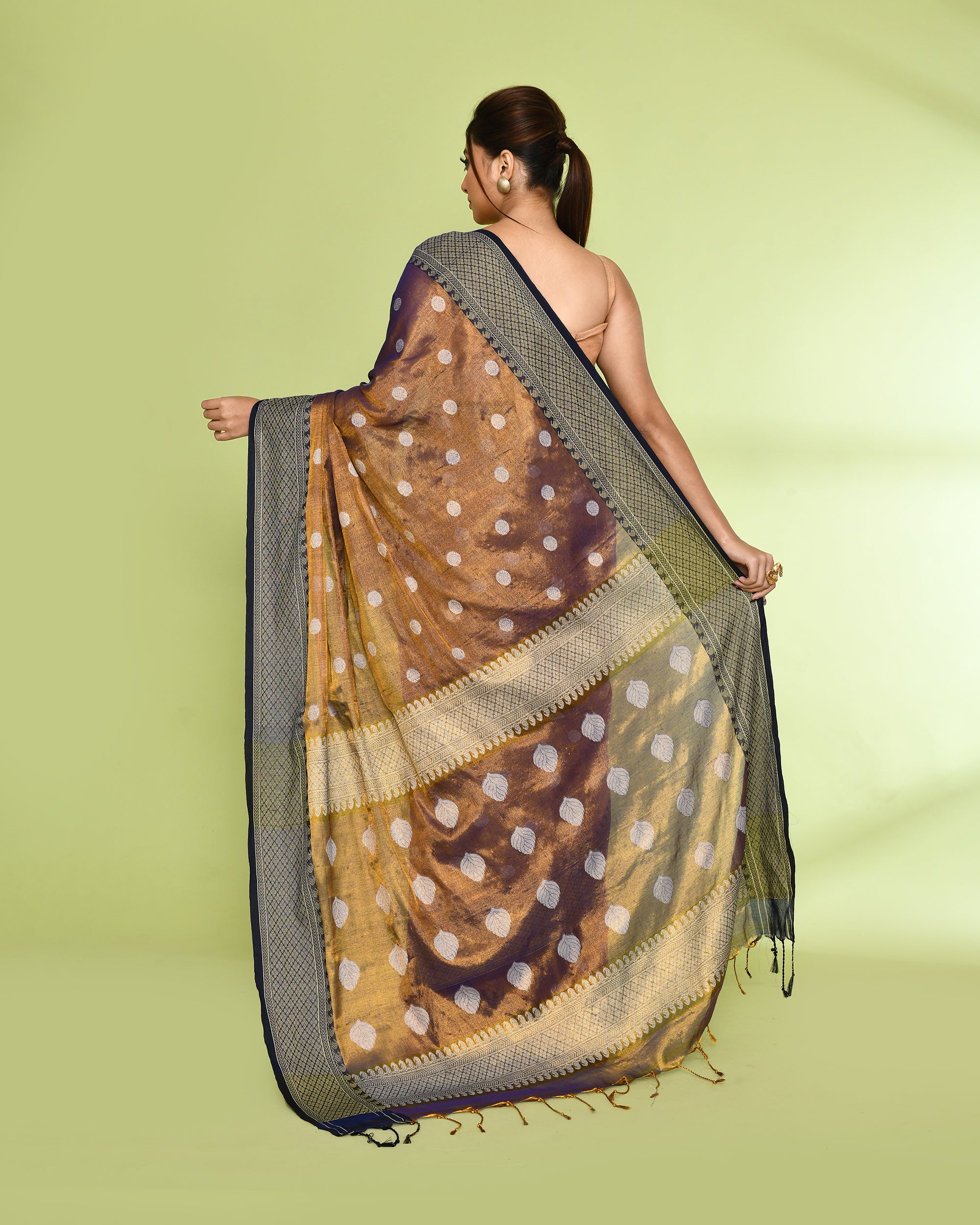 Piyari Fashion Women's Gold Blue Zari Cotton Tissue Jamdani Saree