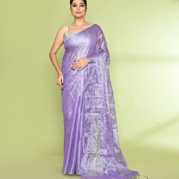 Piyari Fashion Women's Lavender Zari Cotton Tissue Sequin Saree - Distacart