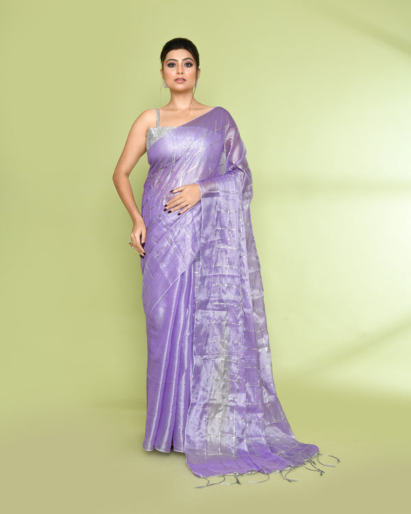 Piyari Fashion Women's Lavender Zari Cotton Tissue Sequin Saree