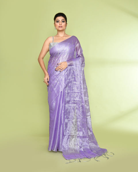 Piyari Fashion Women's Lavender Zari Cotton Tissue Sequin Saree