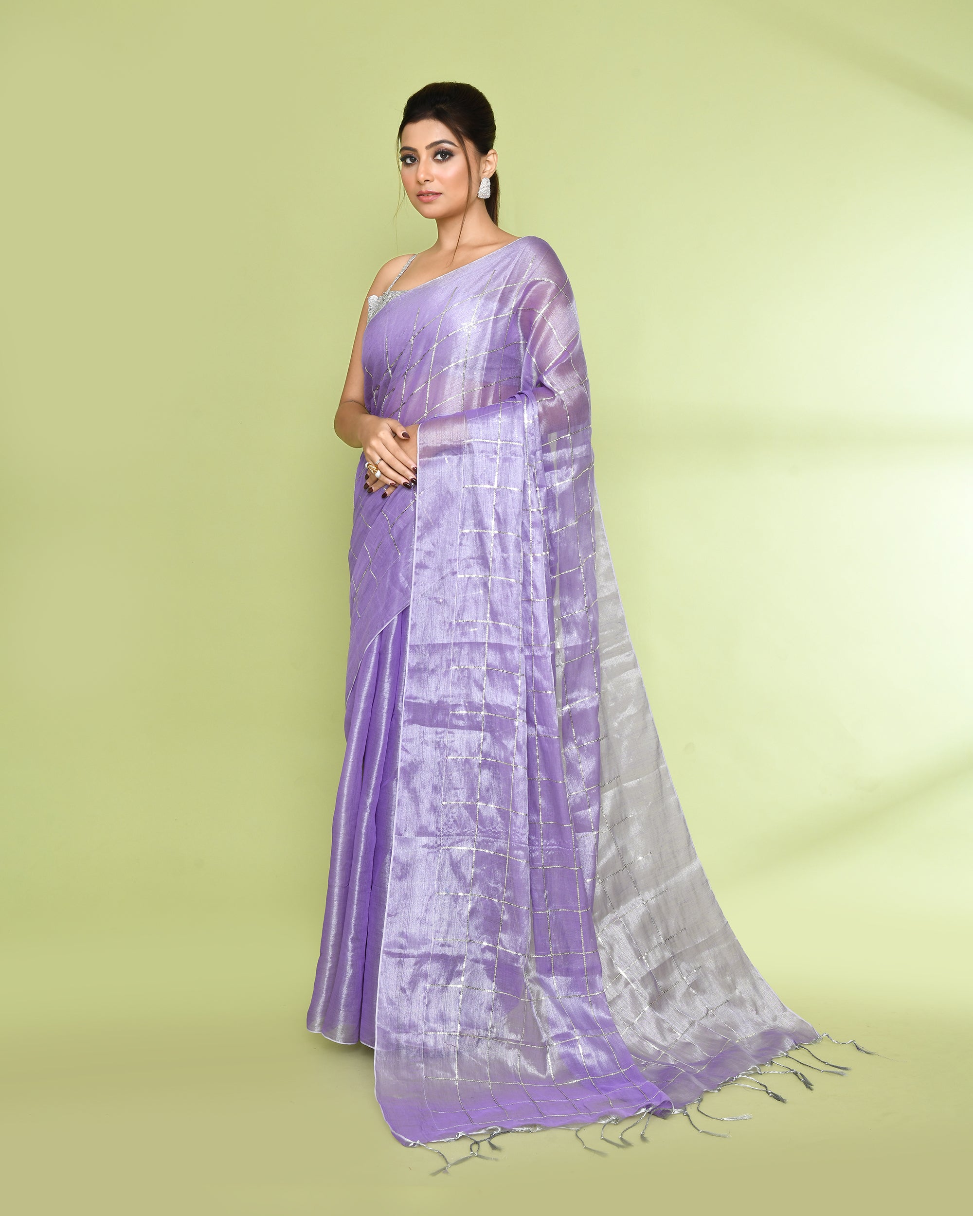 Piyari Fashion Women's Lavender Zari Cotton Tissue Sequin Saree