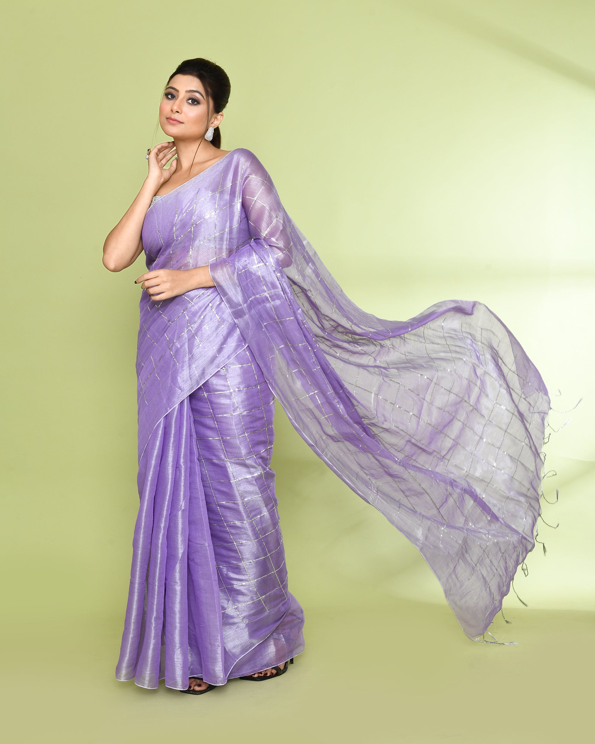 Piyari Fashion Women's Lavender Zari Cotton Tissue Sequin Saree