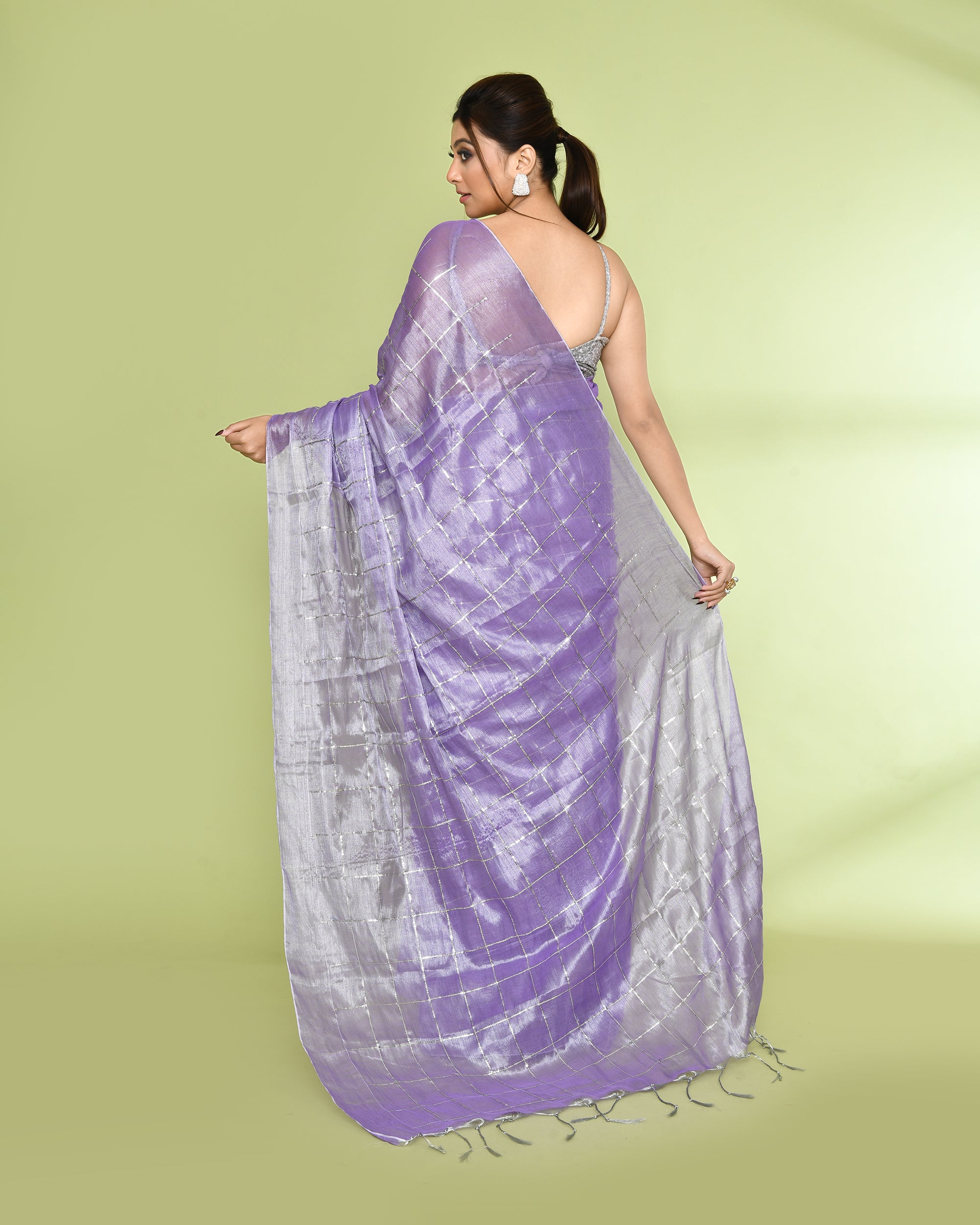 Piyari Fashion Women's Lavender Zari Cotton Tissue Sequin Saree