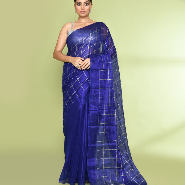 Piyari Fashion Women's Blue Zari Cotton Tissue Sequin Saree - Distacart