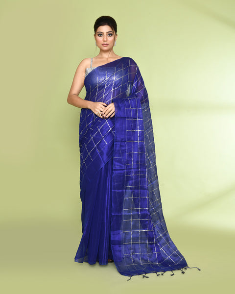 Piyari Fashion Women's Blue Zari Cotton Tissue Sequin Saree