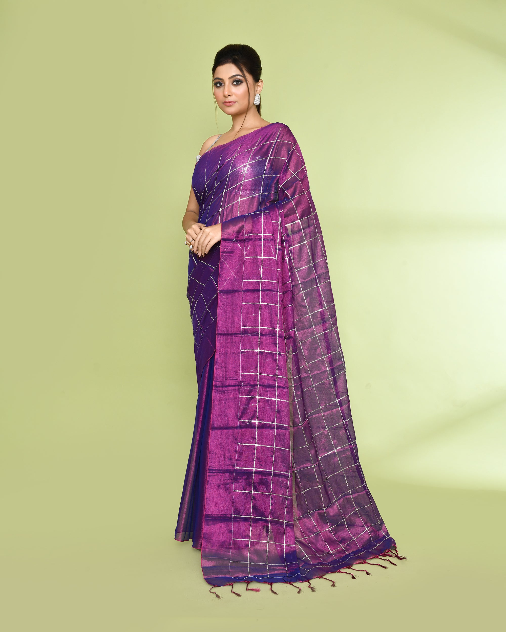 Piyari Fashion Women's Violet Zari Cotton Tissue Sequin Saree
