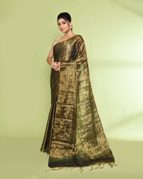 Piyari Fashion Women's Golden Zari Cotton Tissue Sequin Saree