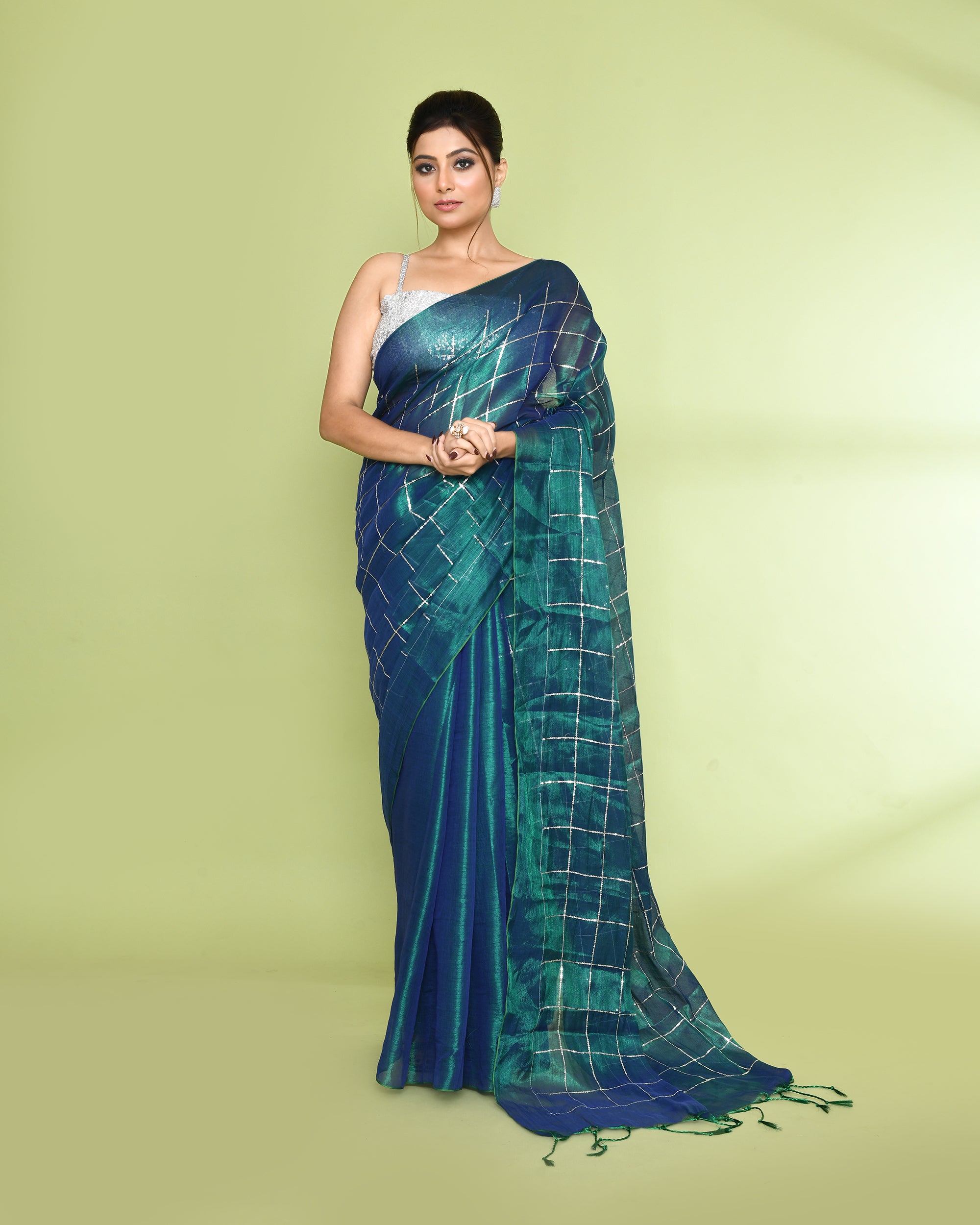 Piyari Fashion Women's Blue Green Zari Cotton Tissue Sequin Saree