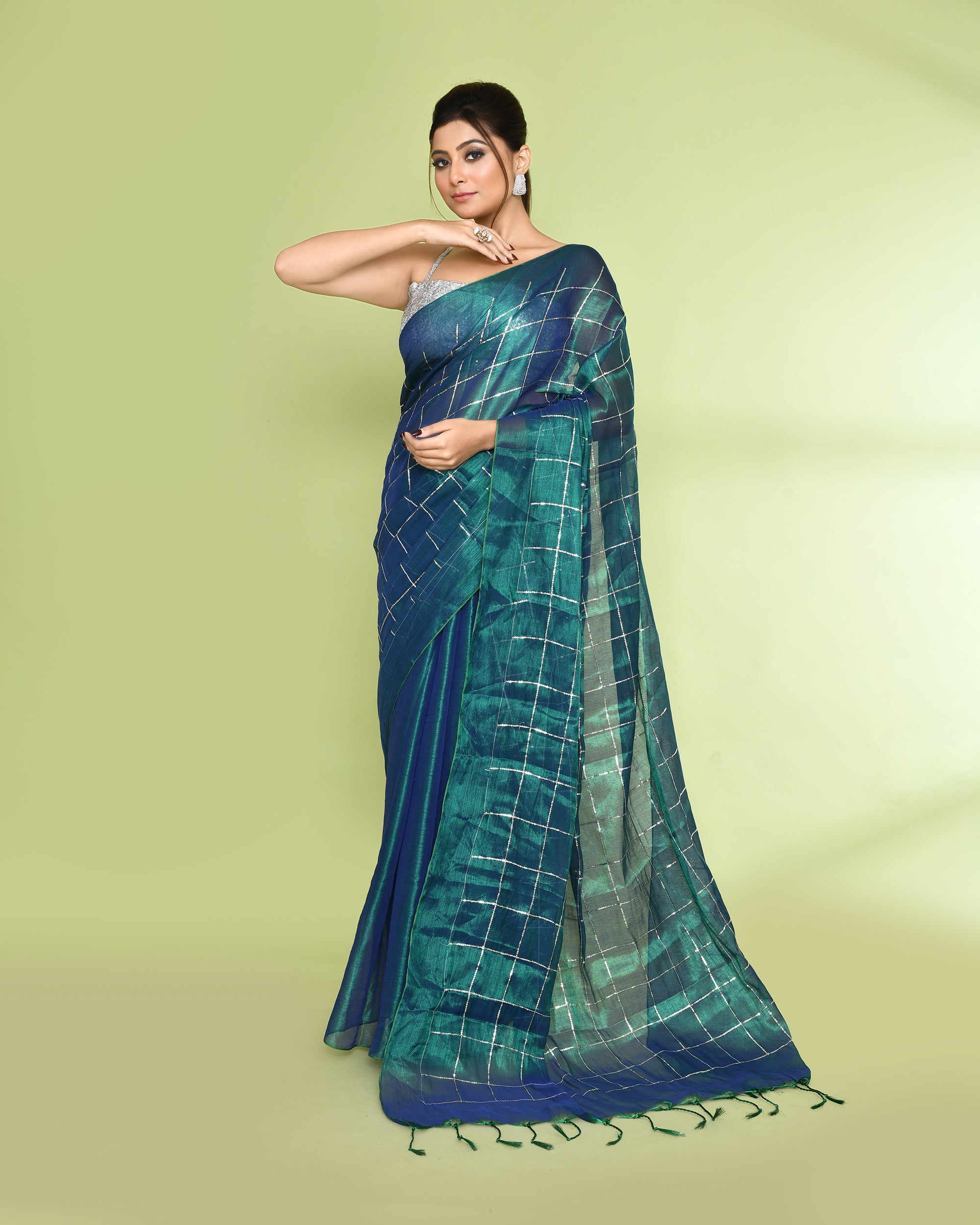Piyari Fashion Women's Blue Green Zari Cotton Tissue Sequin Saree