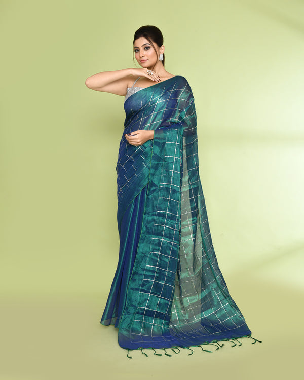 Piyari Fashion Women's Blue Green Zari Cotton Tissue Sequin Saree