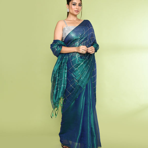 Piyari Fashion Women's Blue Green Zari Cotton Tissue Sequin Saree - Distacart