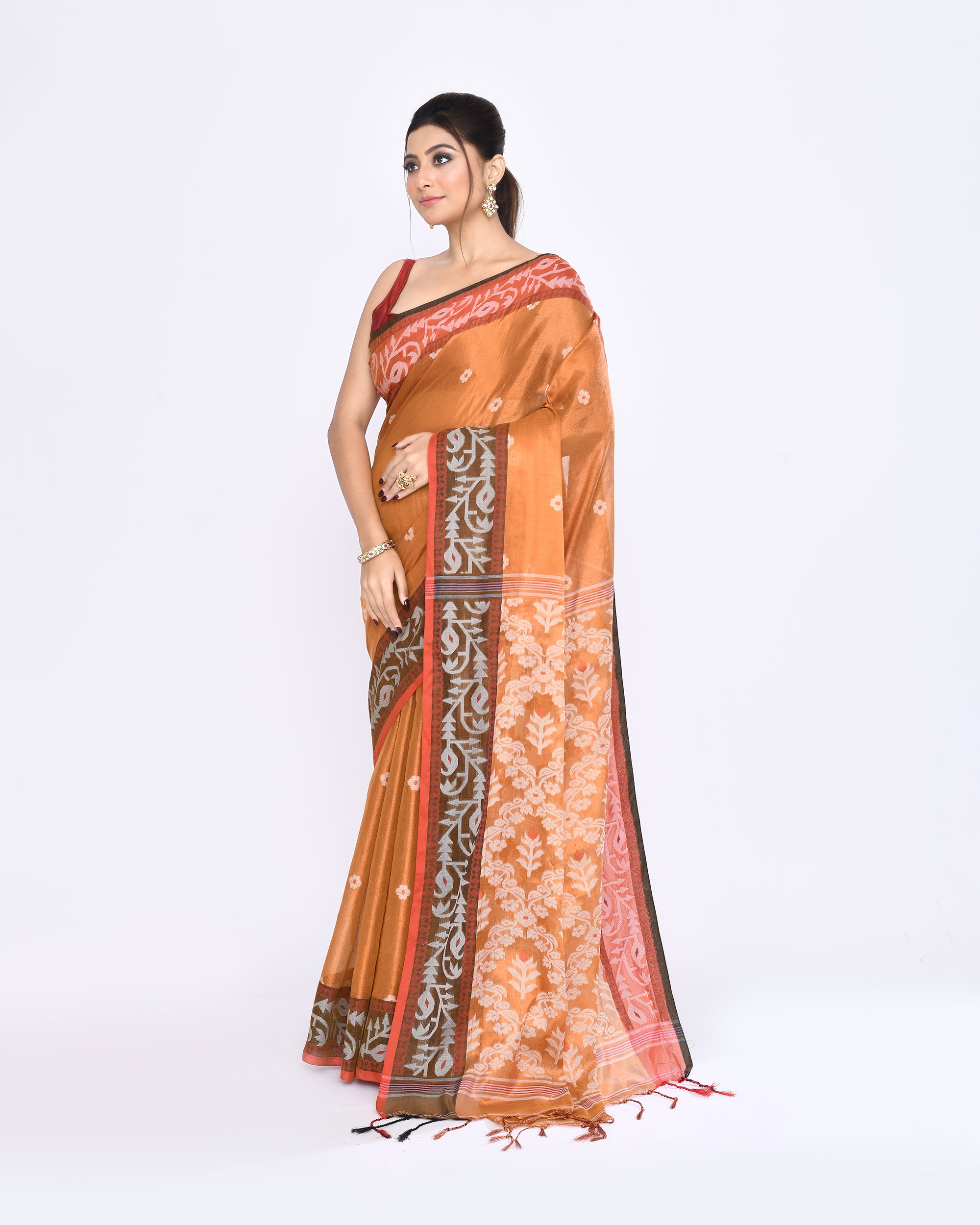 Piyari Fashion Women's Gold Zari Cotton Tissue Jamdani Saree