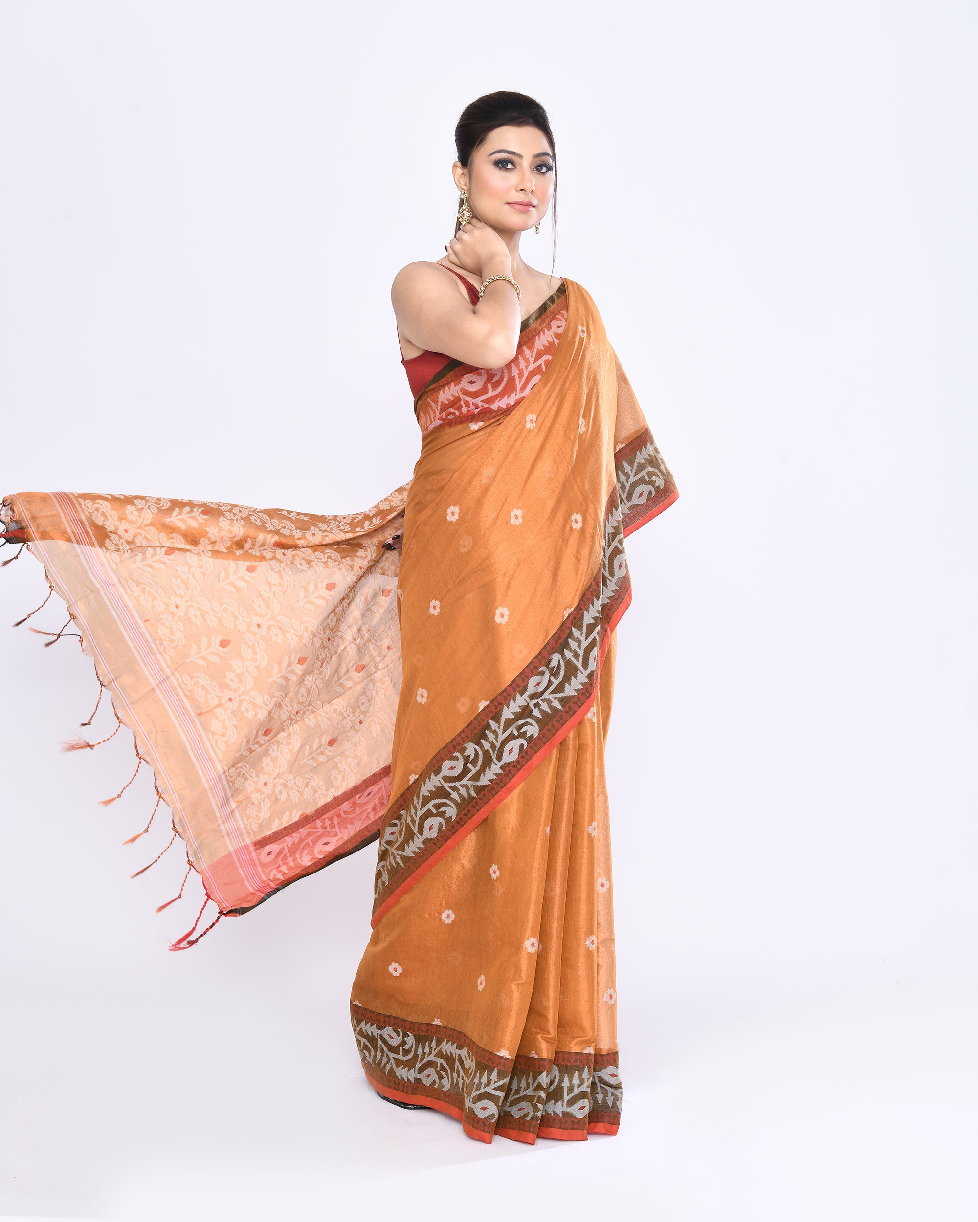 Piyari Fashion Women's Gold Zari Cotton Tissue Jamdani Saree