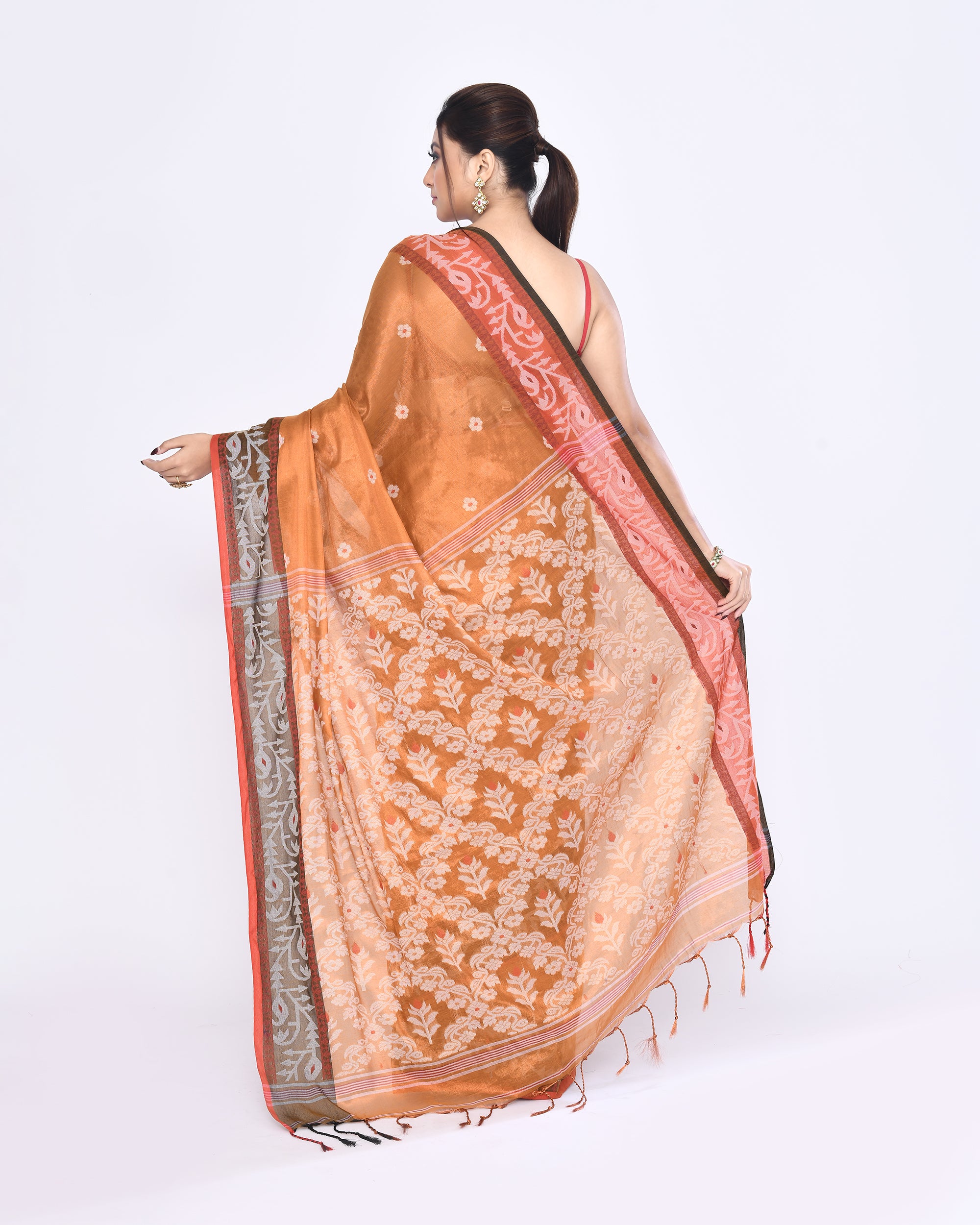 Piyari Fashion Women's Gold Zari Cotton Tissue Jamdani Saree