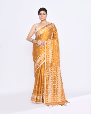 Piyari Fashion Women's Gold Zari Cotton Tissue Jamdani Saree