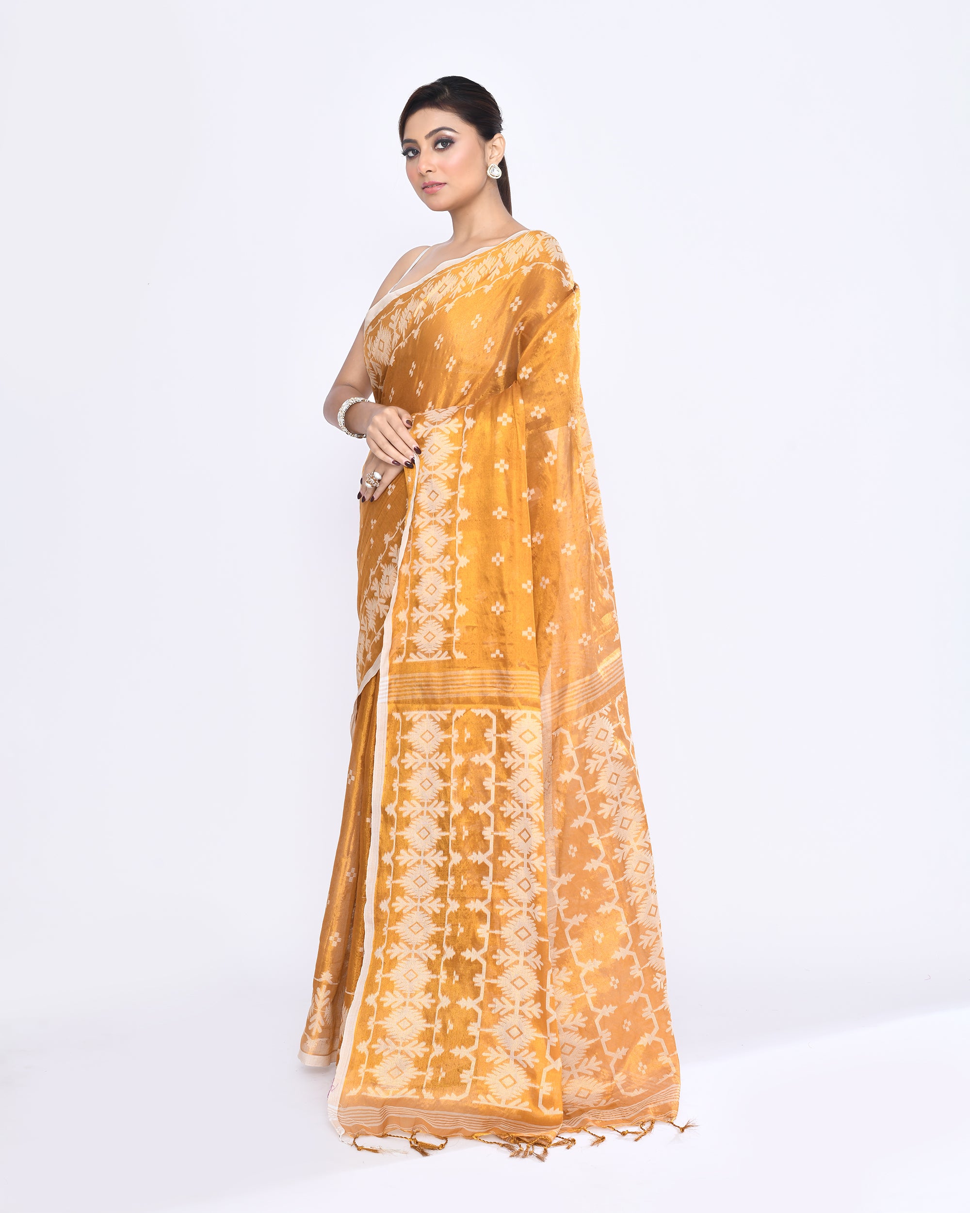Piyari Fashion Women's Gold Zari Cotton Tissue Jamdani Saree