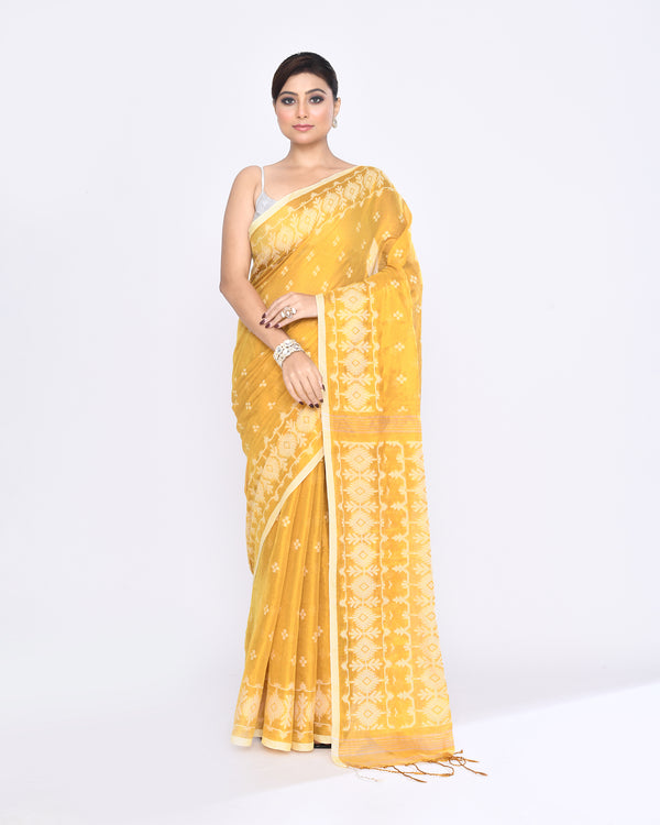 Piyari Fashion Women's Yellow Zari Cotton Tissue Jamdani Saree