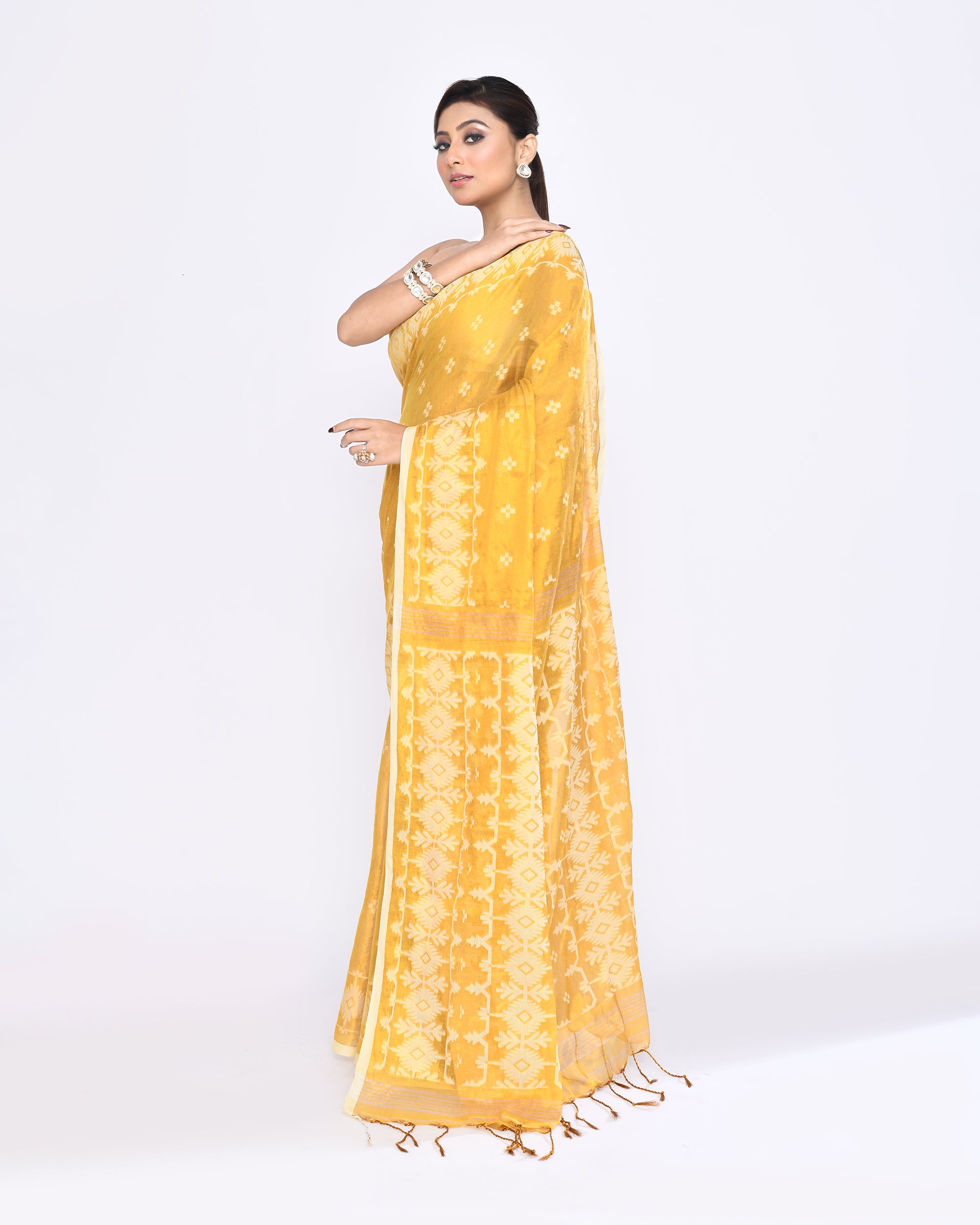 Piyari Fashion Women's Yellow Zari Cotton Tissue Jamdani Saree