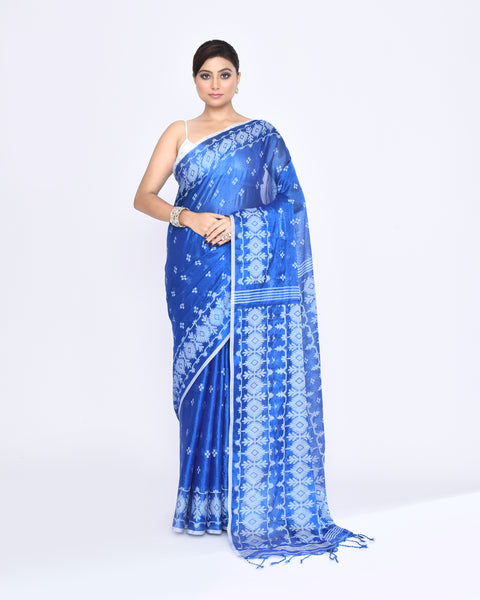 Piyari Fashion Women's Blue Zari Cotton Tissue Jamdani Saree