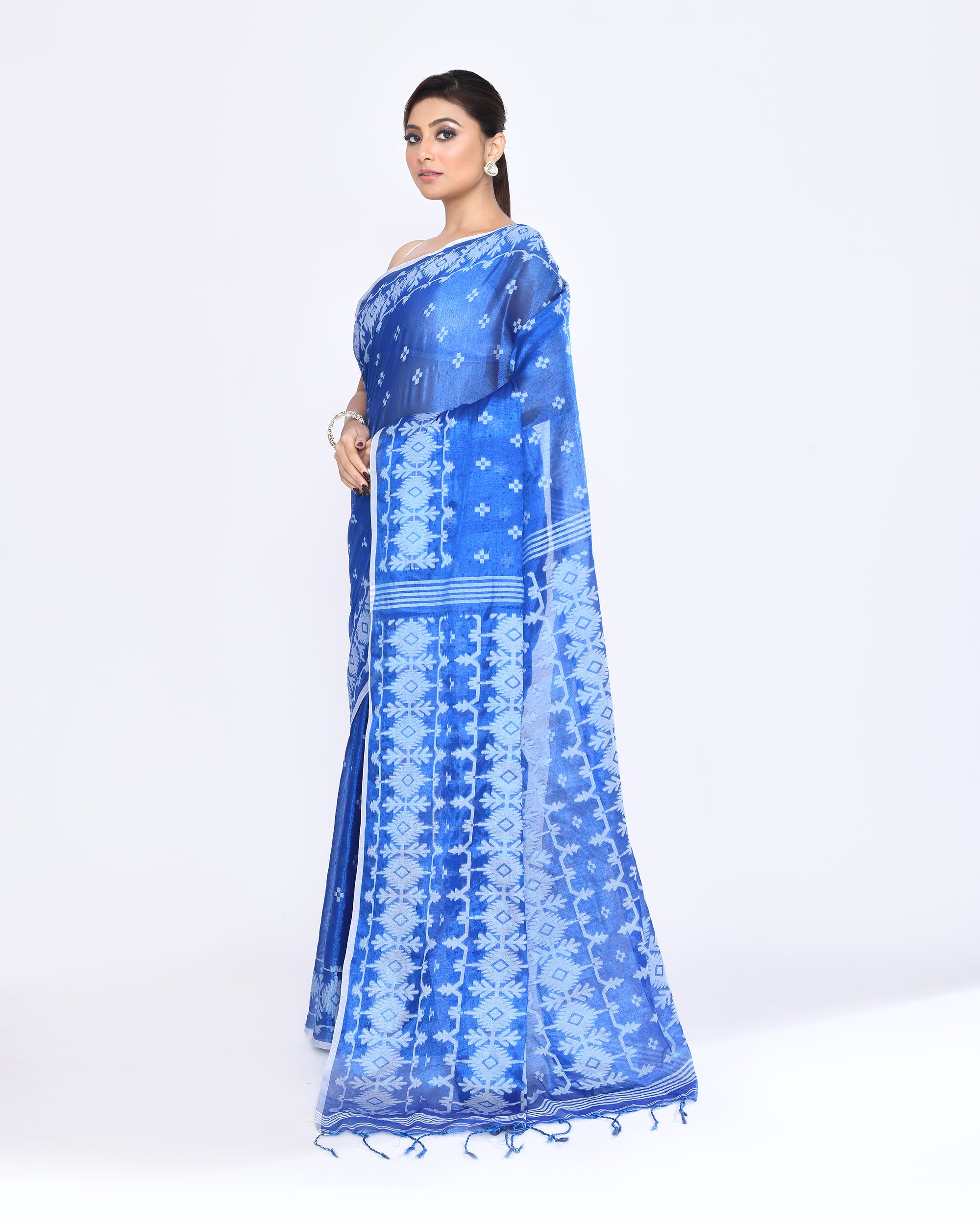 Piyari Fashion Women's Blue Zari Cotton Tissue Jamdani Saree