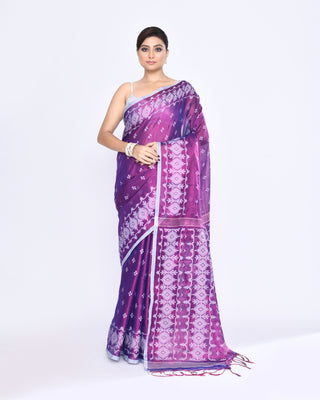 Piyari Fashion Women's Purple Zari Cotton Tissue Jamdani Saree