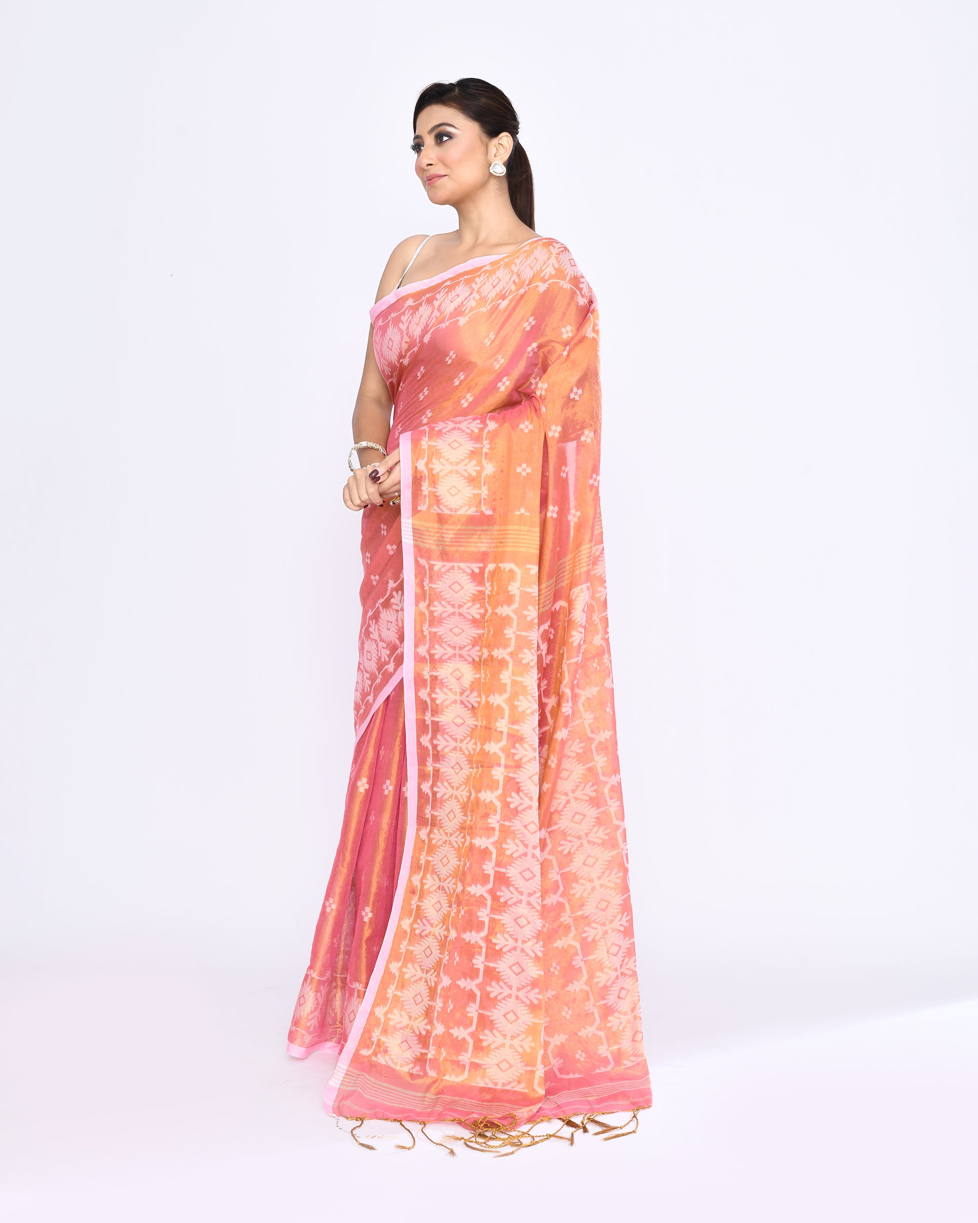 Piyari Fashion Women's Deep Peach Zari Cotton Tissue Jamdani Saree
