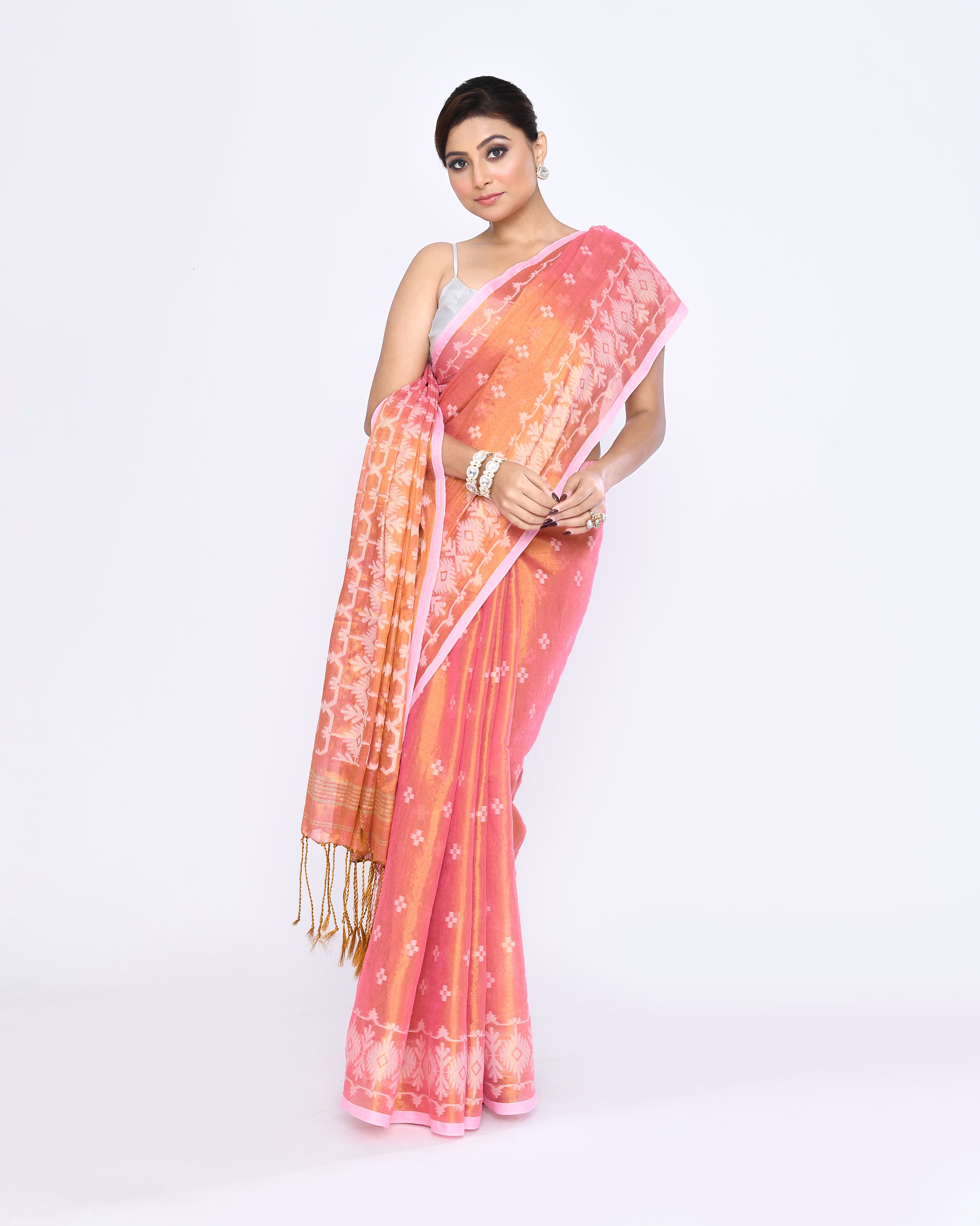 Piyari Fashion Women's Deep Peach Zari Cotton Tissue Jamdani Saree