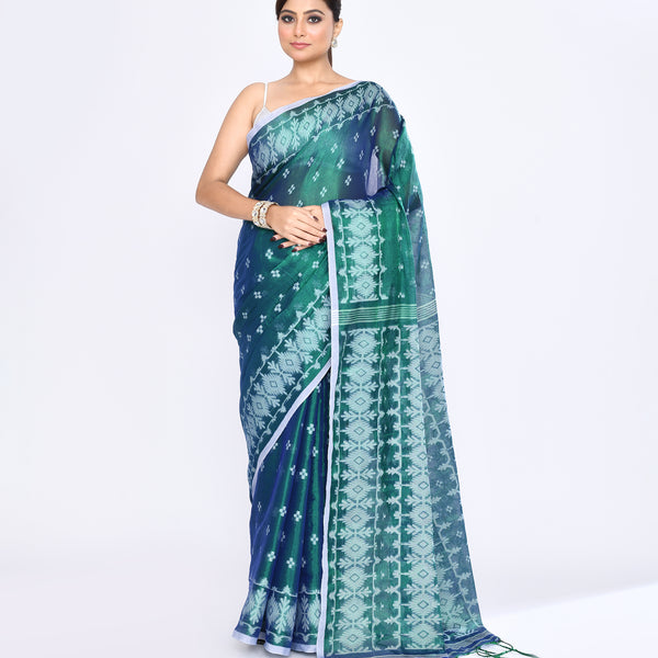 Piyari Fashion Women's Blue Green Zari Cotton Tissue Jamdani Saree - Distacart