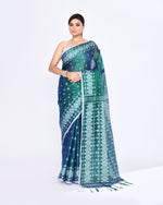Thumbnail for Piyari Fashion Women's Blue Green Zari Cotton Tissue Jamdani Saree