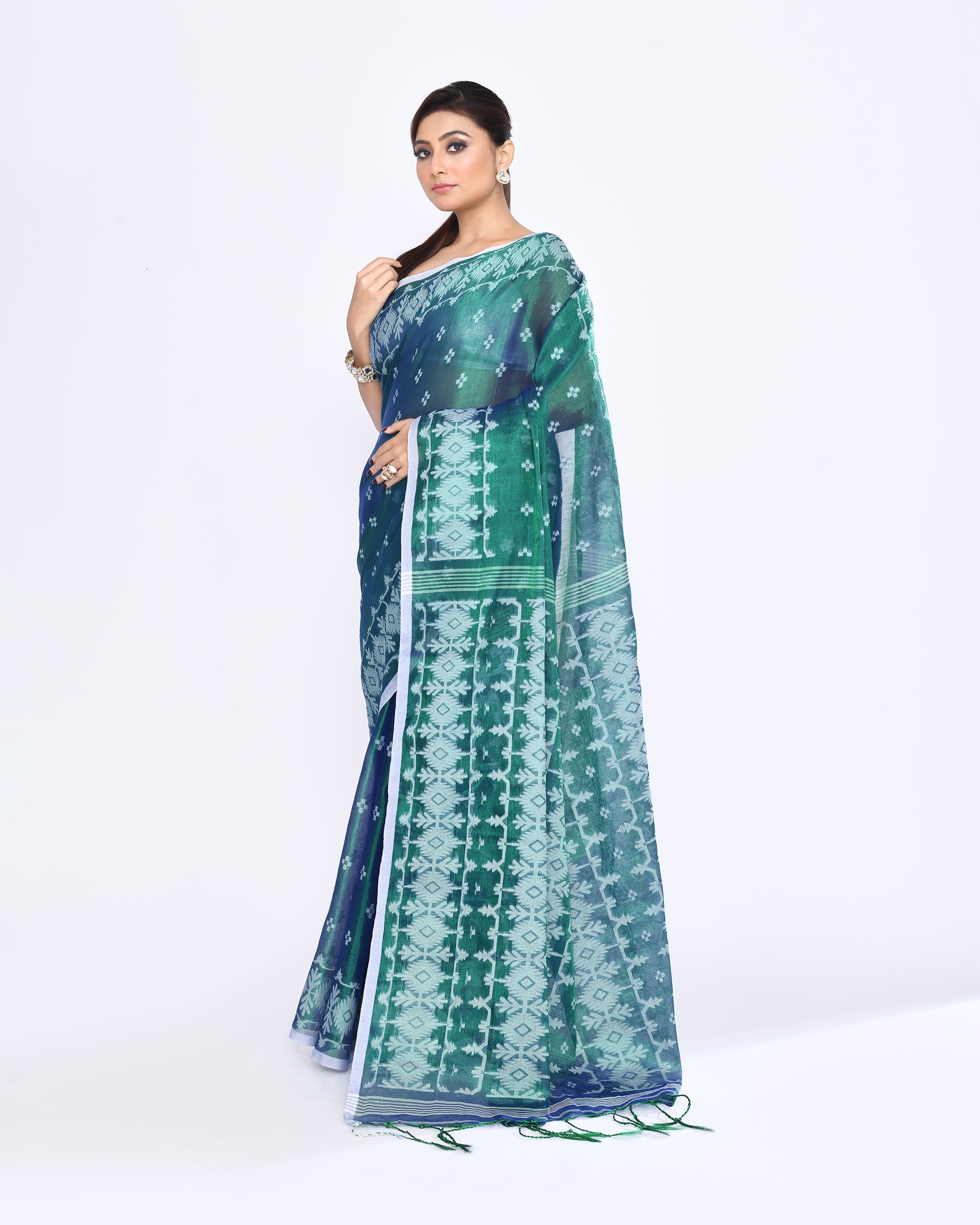 Piyari Fashion Women's Blue Green Zari Cotton Tissue Jamdani Saree