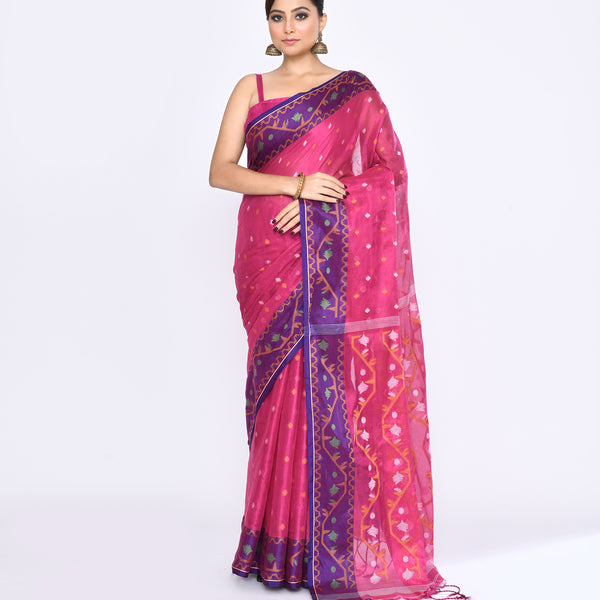 Piyari Fashion Women's Pink Zari Cotton Tissue Jamdani Saree - Distacart
