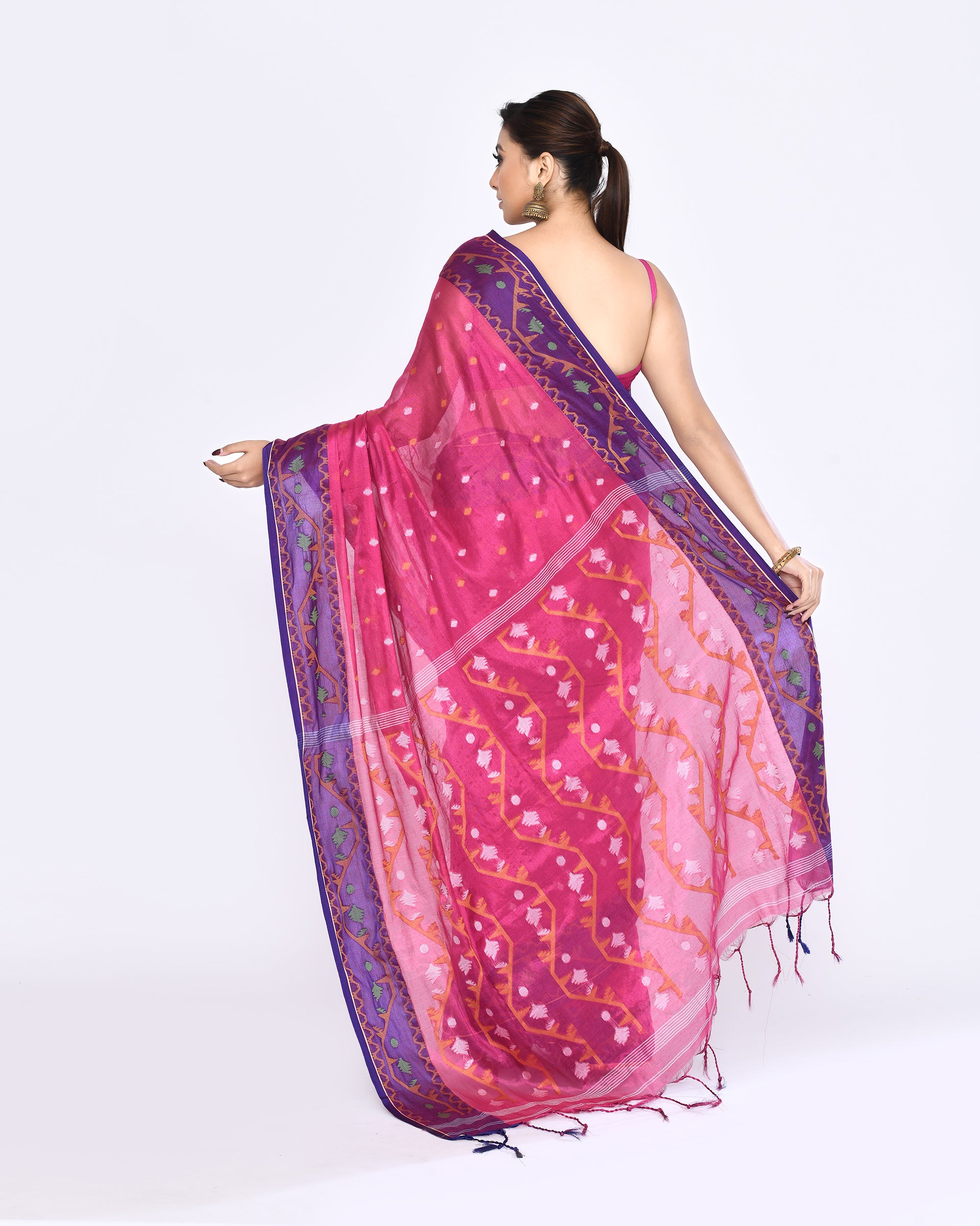 Piyari Fashion Women's Pink Zari Cotton Tissue Jamdani Saree