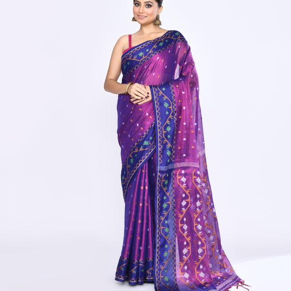 Piyari Fashion Women's Pink Blue Zari Cotton Tissue Jamdani Saree - Distacart