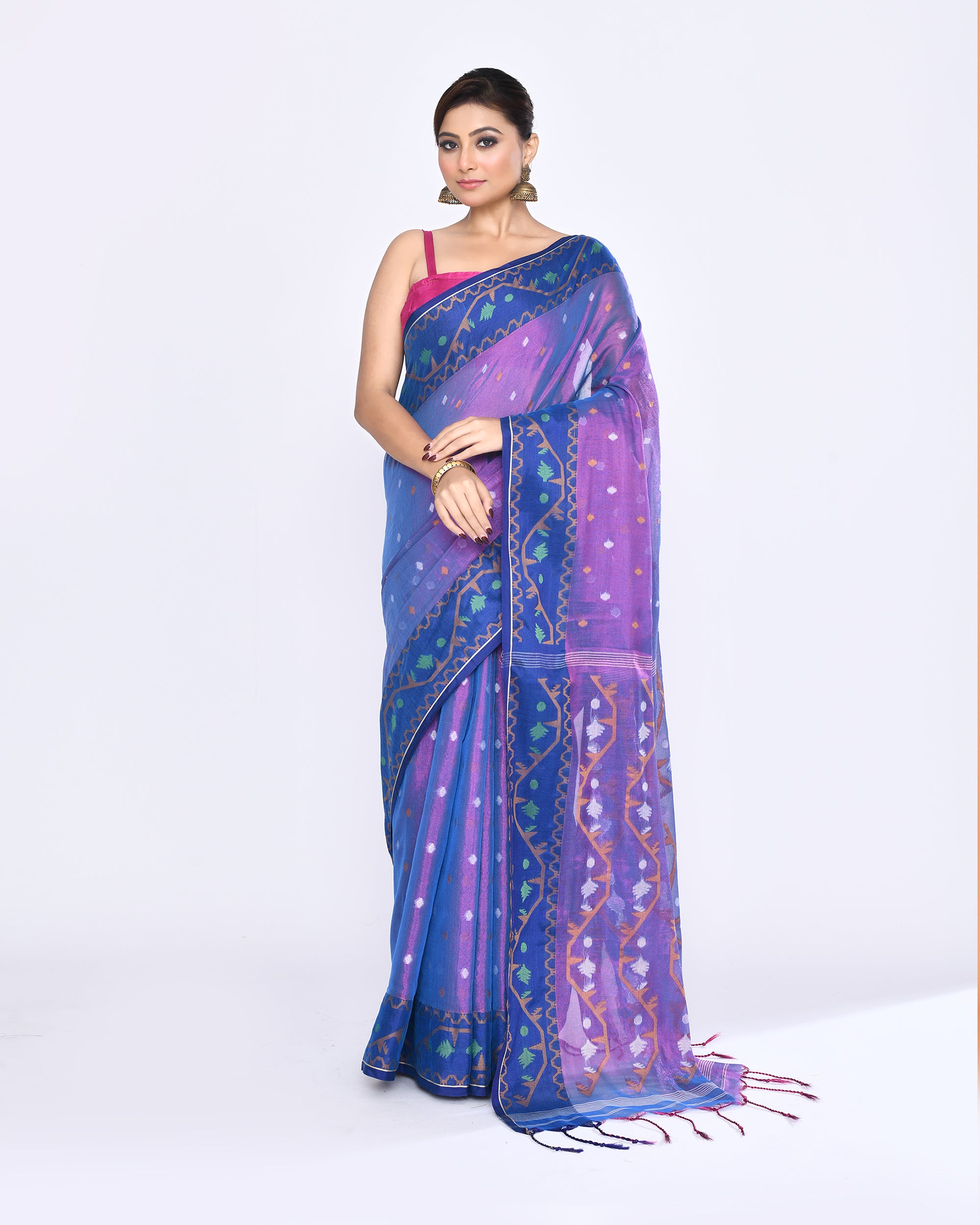 Piyari Fashion Women's Pink Blue Zari Cotton Tissue Jamdani Saree