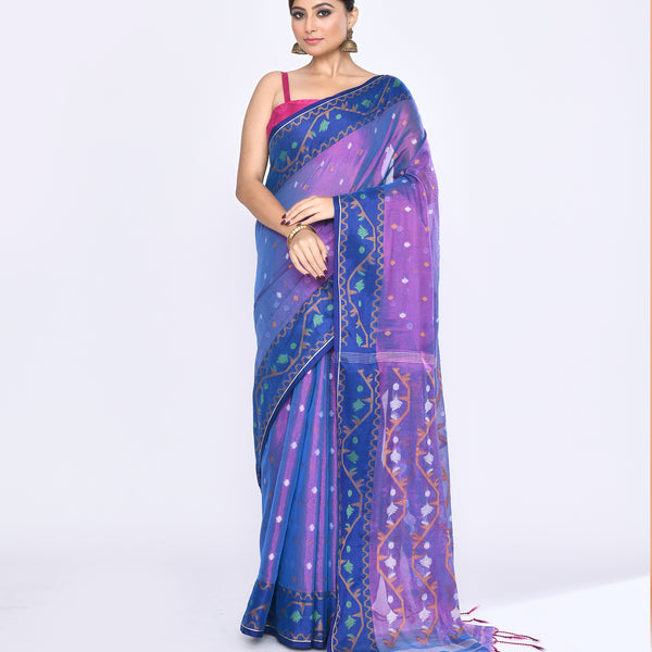 Piyari Fashion Women's Pink Blue Zari Cotton Tissue Jamdani Saree - Distacart