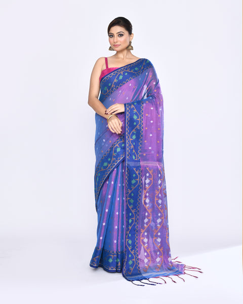 Piyari Fashion Women's Pink Blue Zari Cotton Tissue Jamdani Saree