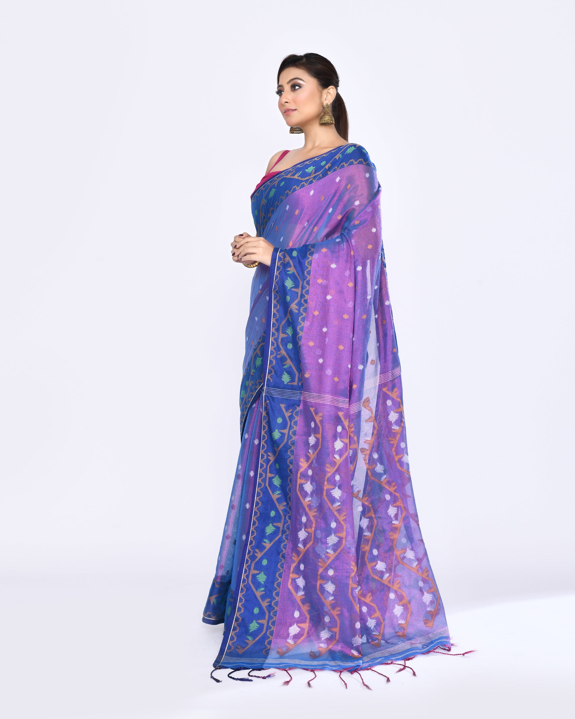 Piyari Fashion Women's Pink Blue Zari Cotton Tissue Jamdani Saree