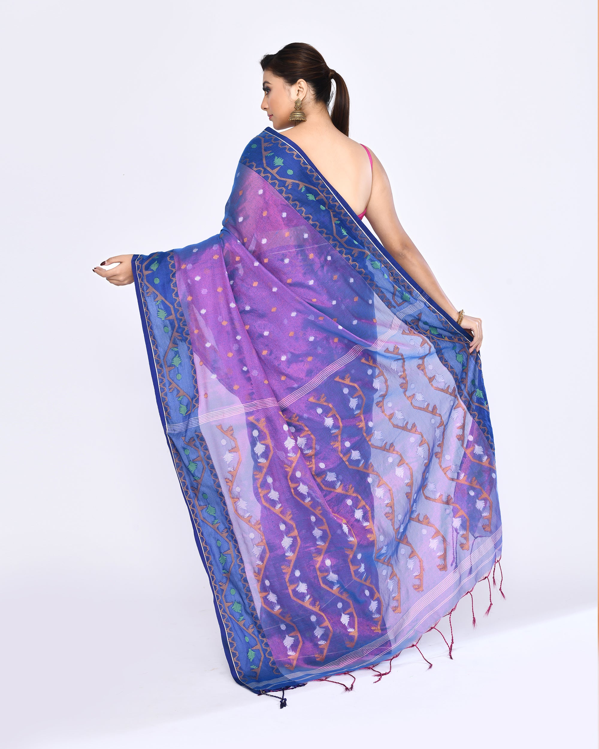 Piyari Fashion Women's Pink Blue Zari Cotton Tissue Jamdani Saree