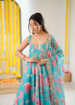 Thumbnail for Teeya Creation Blue Pure Muslin Silk Digital Print Traditional Wear Long Gown - Distacart