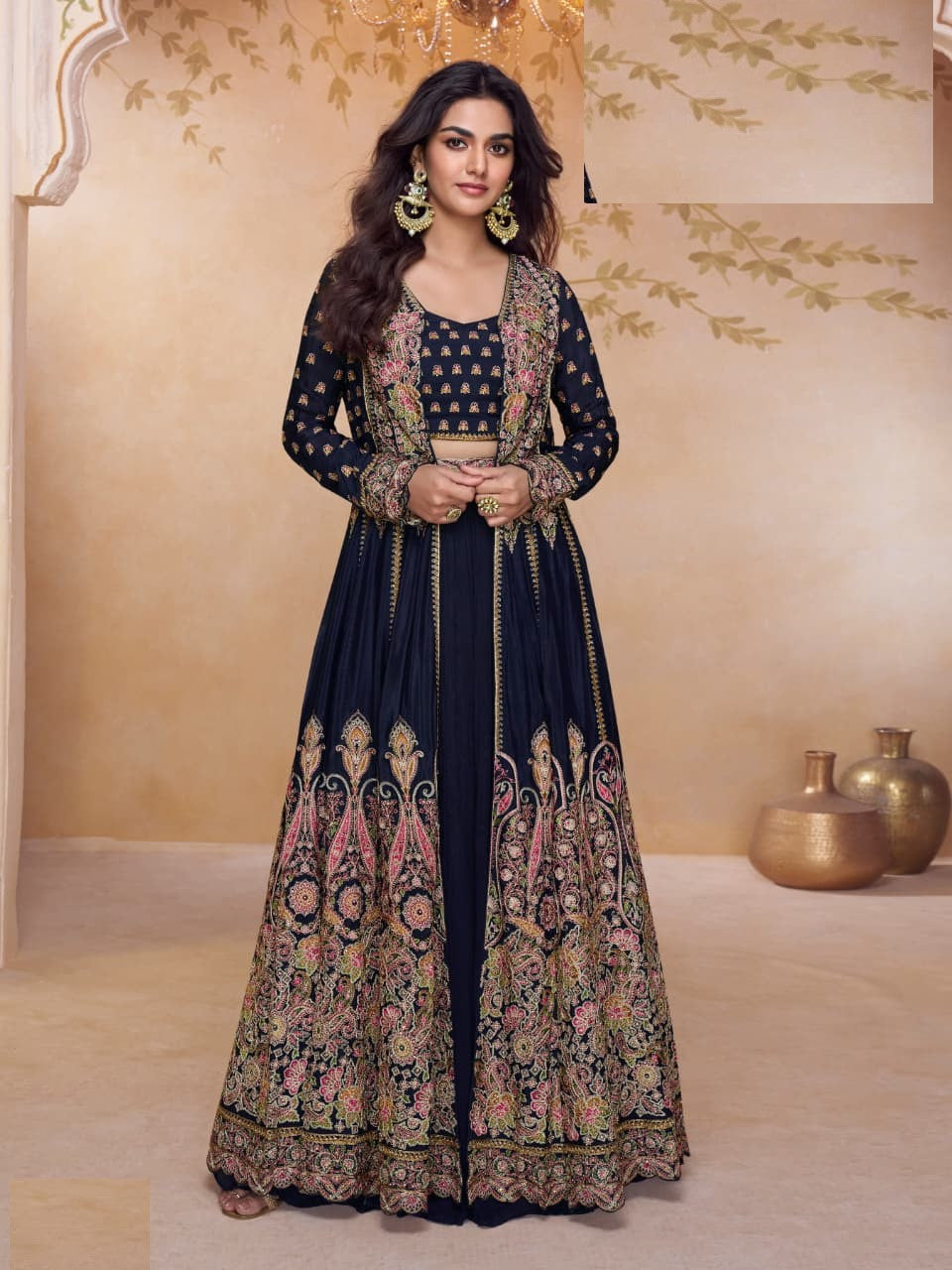 Aarshi Fashions Navy Blue Shimmer Wedding Gowns - Distacart