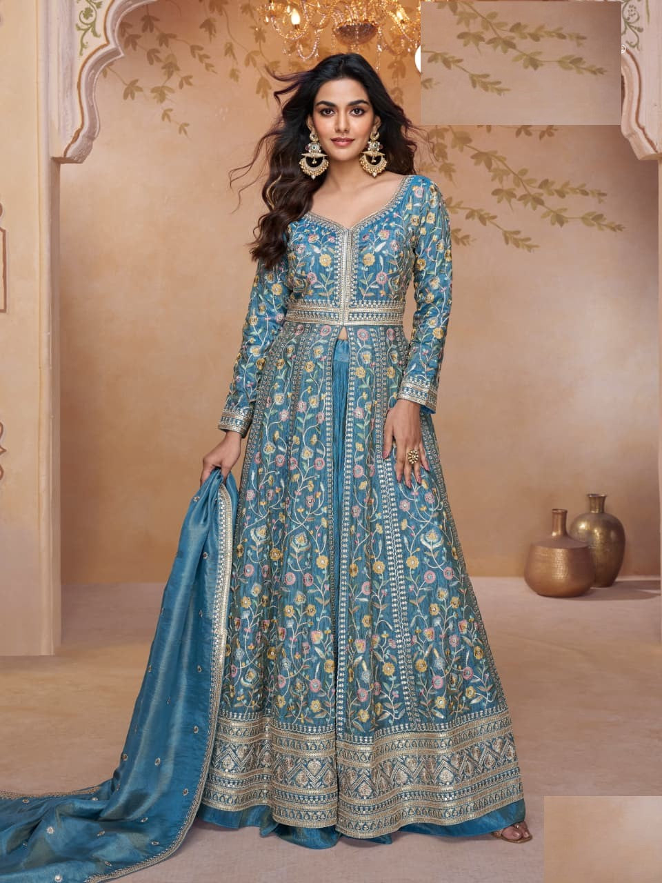 Aarshi Fashions Sky Bkue Shimmer Wedding Gowns