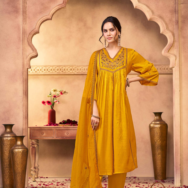 BulBul Praniti Muslin Mustard Kurta Set with Dupatta
