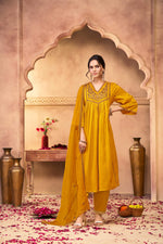 Thumbnail for BulBul Praniti Muslin Mustard Kurta Set with Dupatta