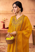 Thumbnail for BulBul Praniti Muslin Mustard Kurta Set with Dupatta